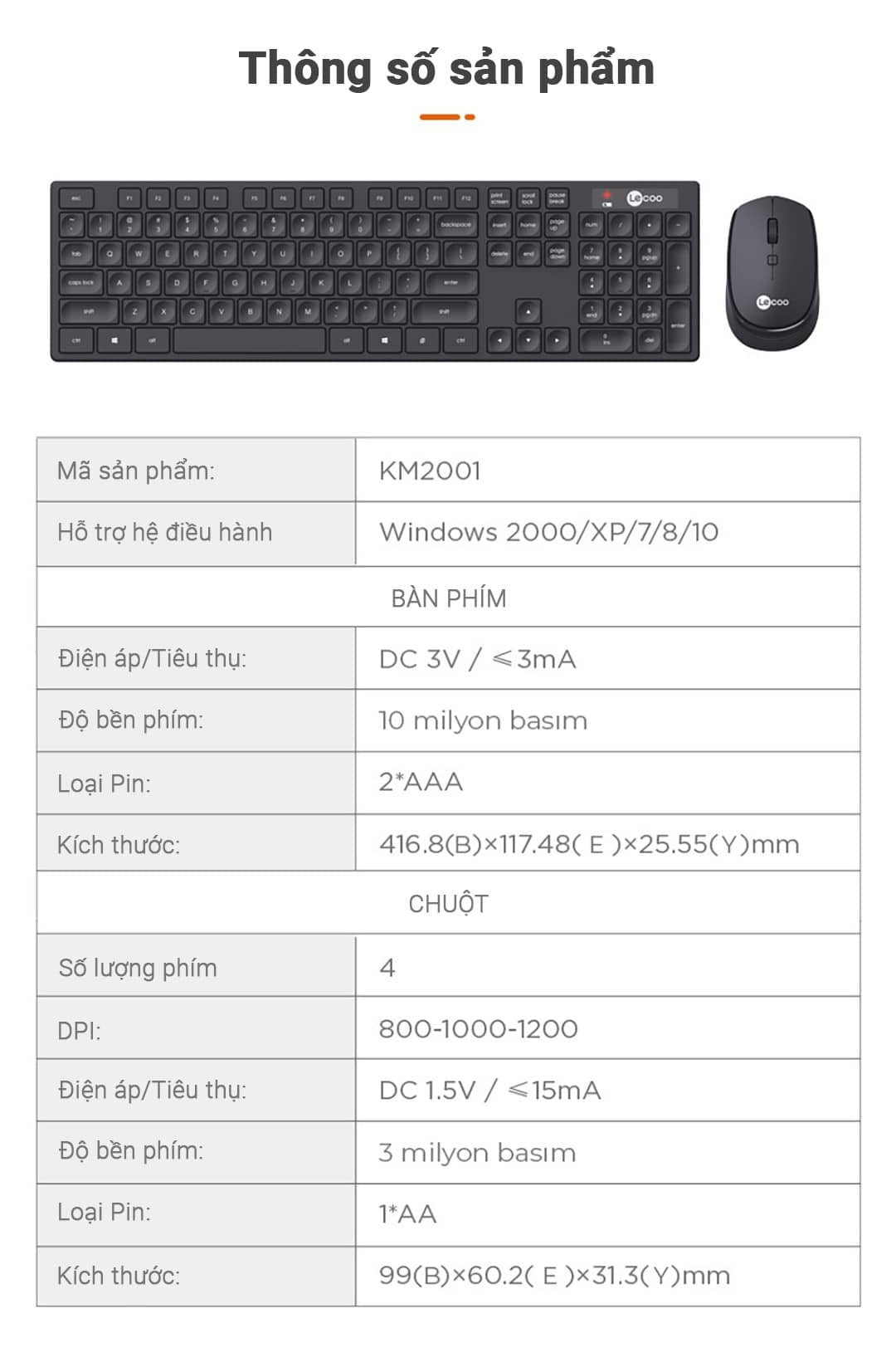 Bộ phím chuột văn phòng không dây Lecoo KM2001