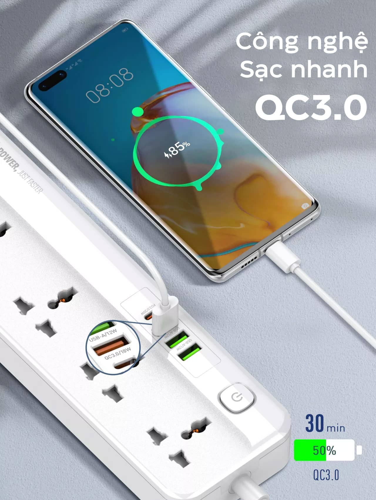 Ổ cắm điện đa năng LDNIO SC5415 - 05 chấu + 03 cổng USB + 01 cổng Type-C - Chuẩn chân cắm EU