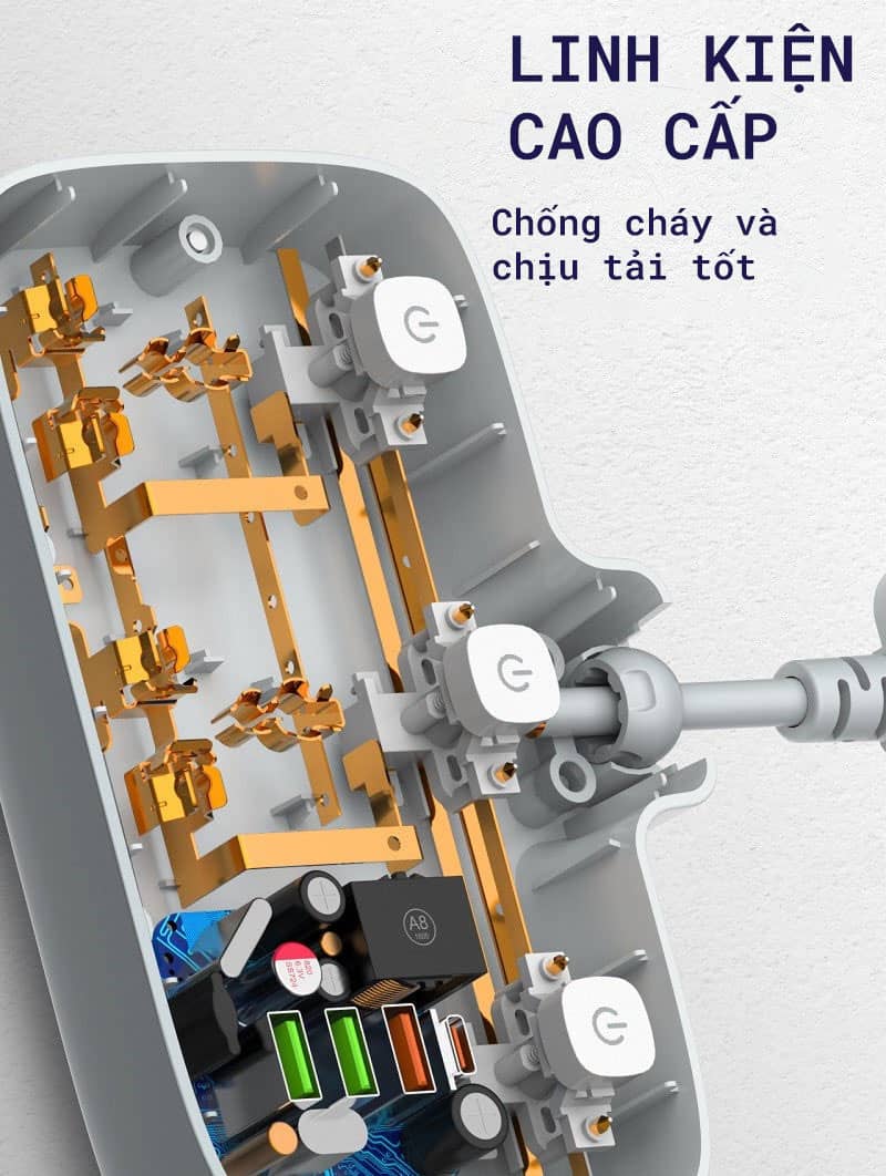 Ổ cắm điện mở rộng LDINO SC2413 - 02 chấu + 03 cổng USB-A + 01 cổng Type-C - Chuẩn chân cắm EU - Màu trắng