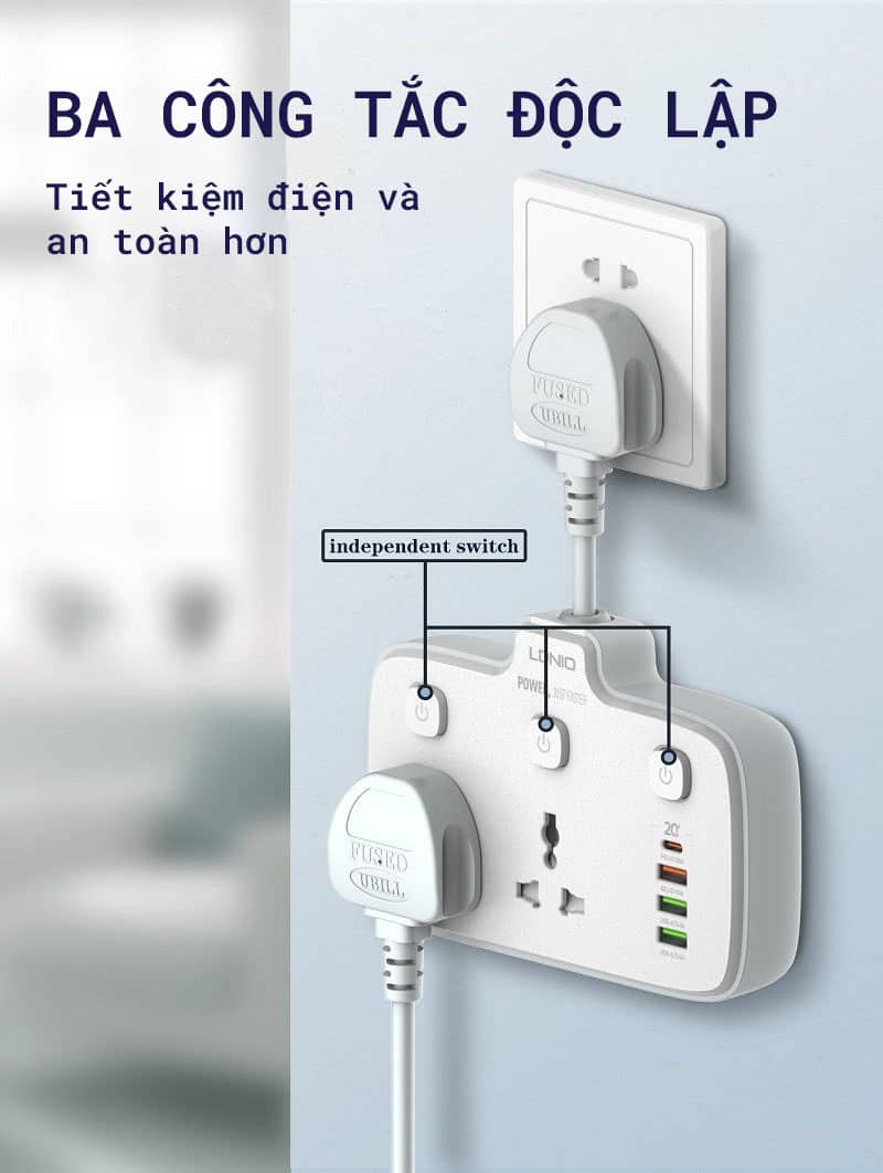 Ổ cắm điện mở rộng LDINO SC2413 - 02 chấu + 03 cổng USB-A + 01 cổng Type-C - Chuẩn chân cắm EU - Màu trắng