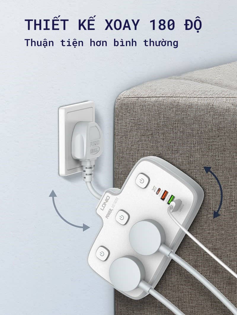 Ổ cắm điện mở rộng LDINO SC2413 - 02 chấu + 03 cổng USB-A + 01 cổng Type-C - Chuẩn chân cắm EU - Màu trắng