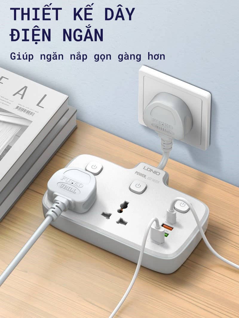 Ổ cắm điện mở rộng LDINO SC2413 - 02 chấu + 03 cổng USB-A + 01 cổng Type-C - Chuẩn chân cắm EU - Màu trắng