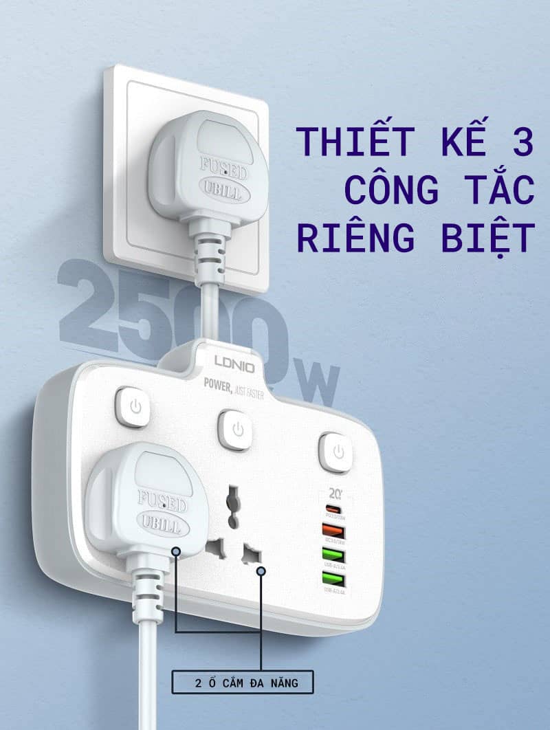 Ổ cắm điện mở rộng LDINO SC2413 - 02 chấu + 03 cổng USB-A + 01 cổng Type-C - Chuẩn chân cắm EU - Màu trắng