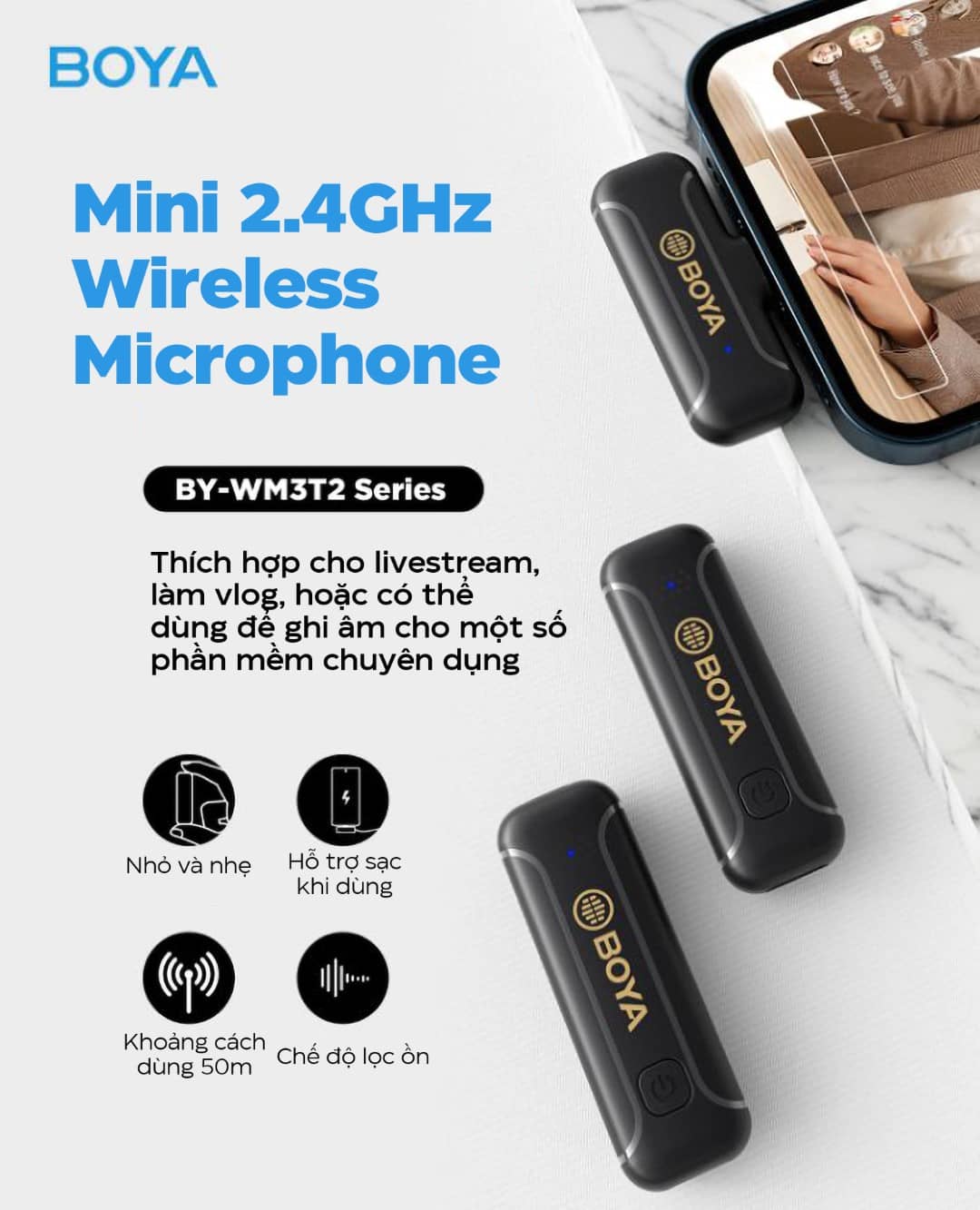 Microphone thu âm không dây Boya BY WM3T2-U - Chân Type-C
