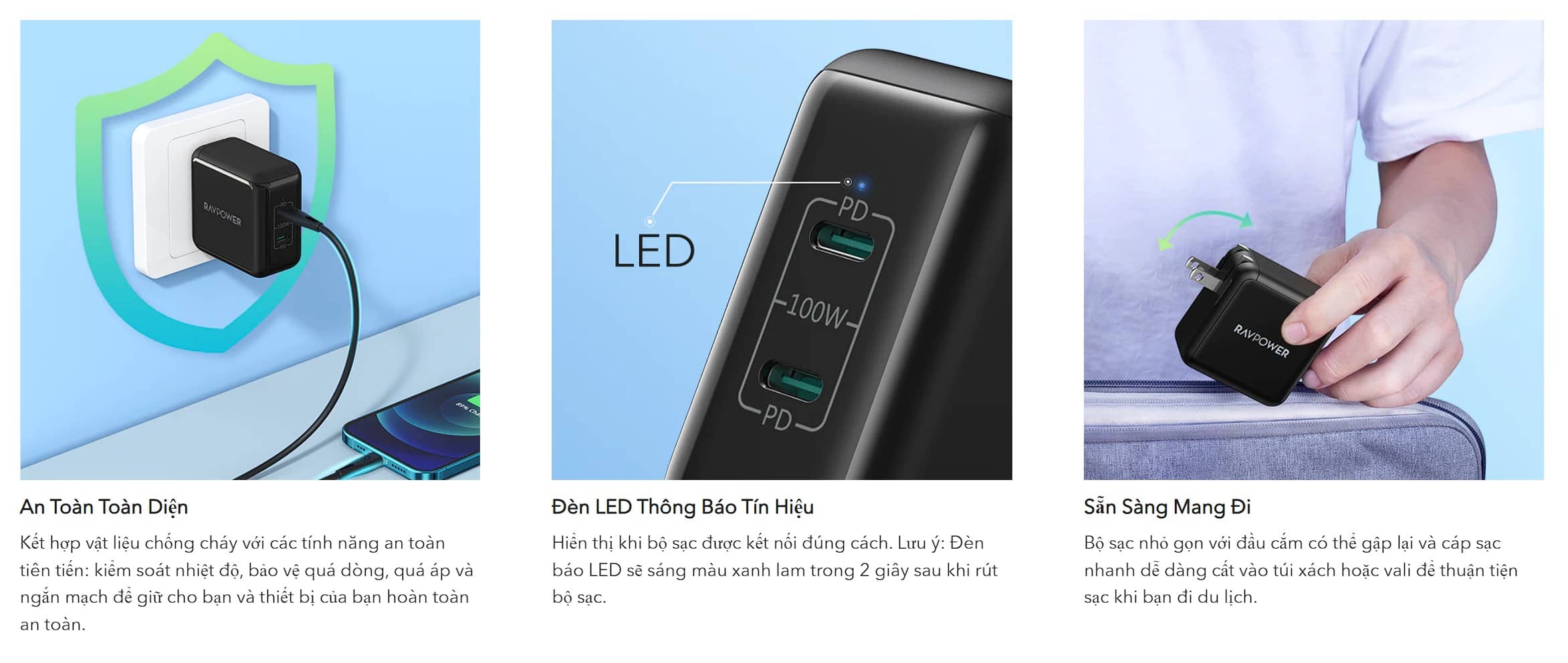 Củ sạc nhanh RavPower PD Pioneer RP-PC151 (Phiên bản kèm dây C to C) - PD 100W - 02 cổng Type C