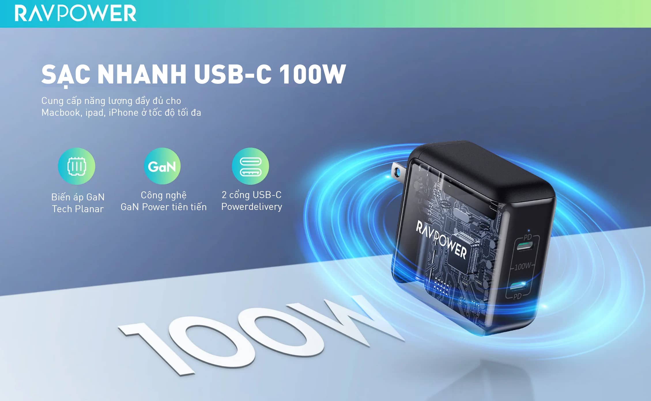Củ sạc nhanh RavPower PD Pioneer RP-PC151 (Phiên bản kèm dây C to C) - PD 100W - 02 cổng Type C