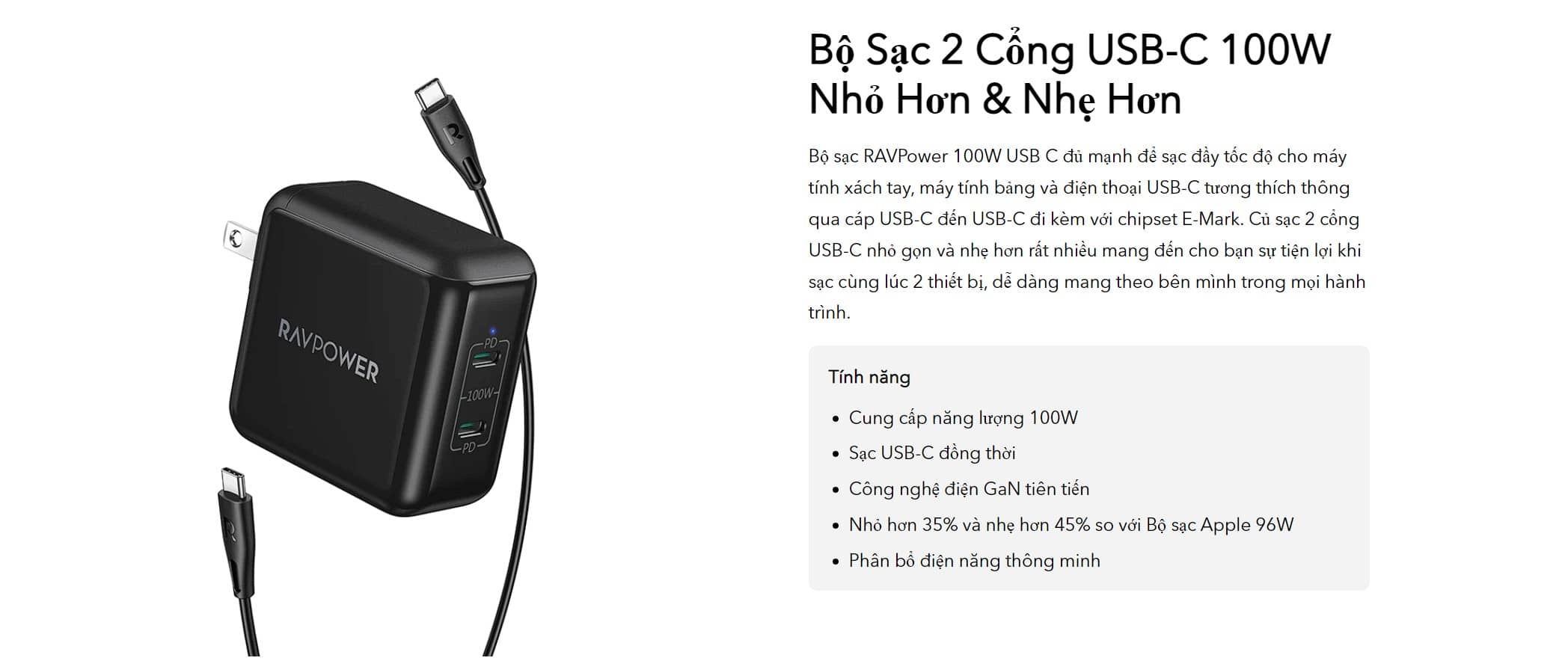 Củ sạc nhanh RavPower PD Pioneer RP-PC151 (Phiên bản kèm dây C to C) - PD 100W - 02 cổng Type C