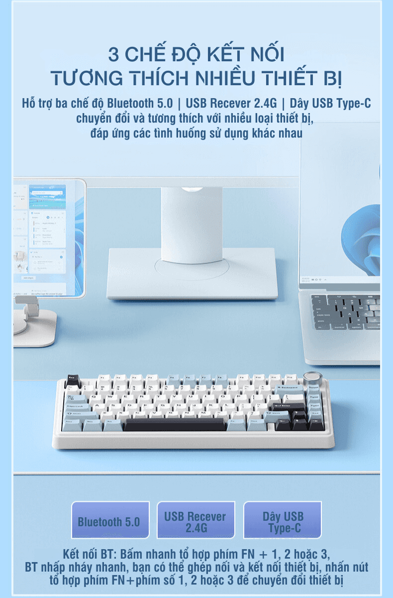 Bàn phím cơ AULA F75 ICE Blue 3 mode (TypeC + 2.4G + Bluetooth, Ice Vein switch) 12