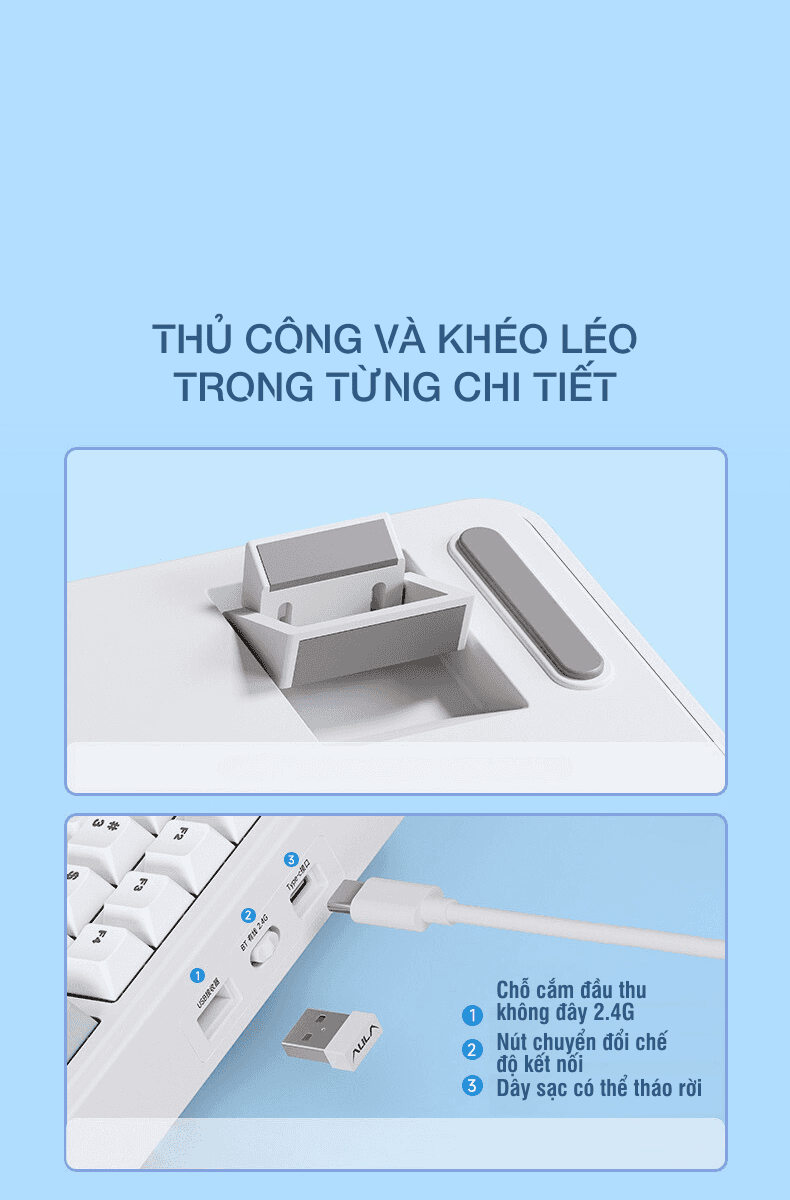 Bàn phím cơ AULA F75 (Tím nhạt/Be/Xanh lá), (3 Mode, Grey Wood V3 Switch) 14