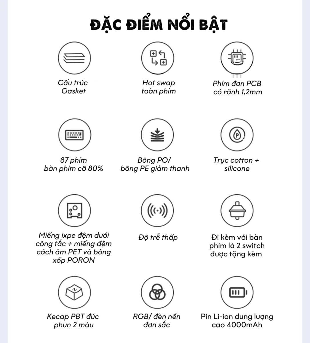 Bàn phím cơ AULA F87 3 mode Trắng xám (TypeC + 2.4G + Bluetooth, Grey wood switch, led RGB) 2