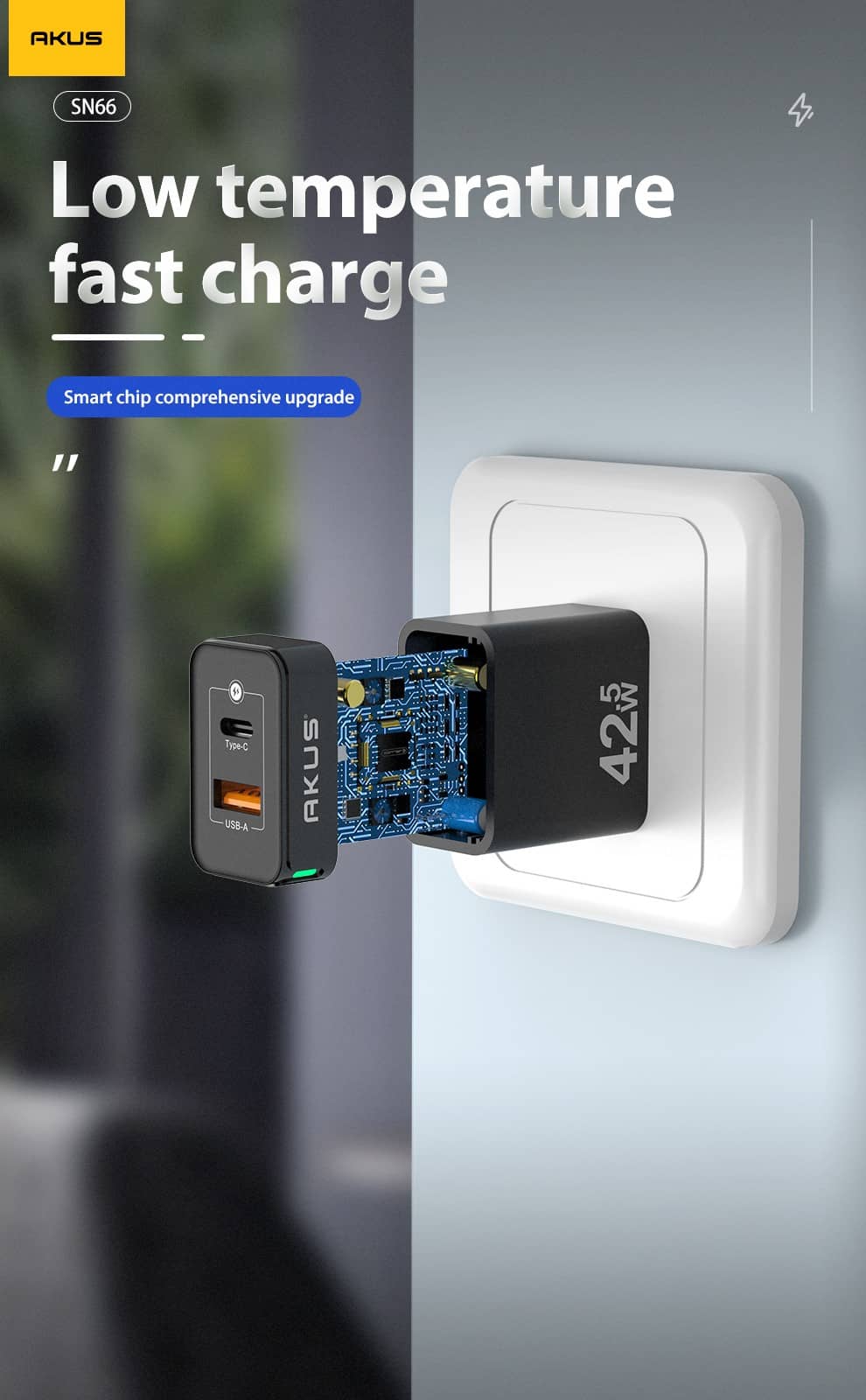 Củ sạc nhanh AKUS SN66 - PD 20W - 01 cổng USB Type A + 01 cổng Type C - Màu đen