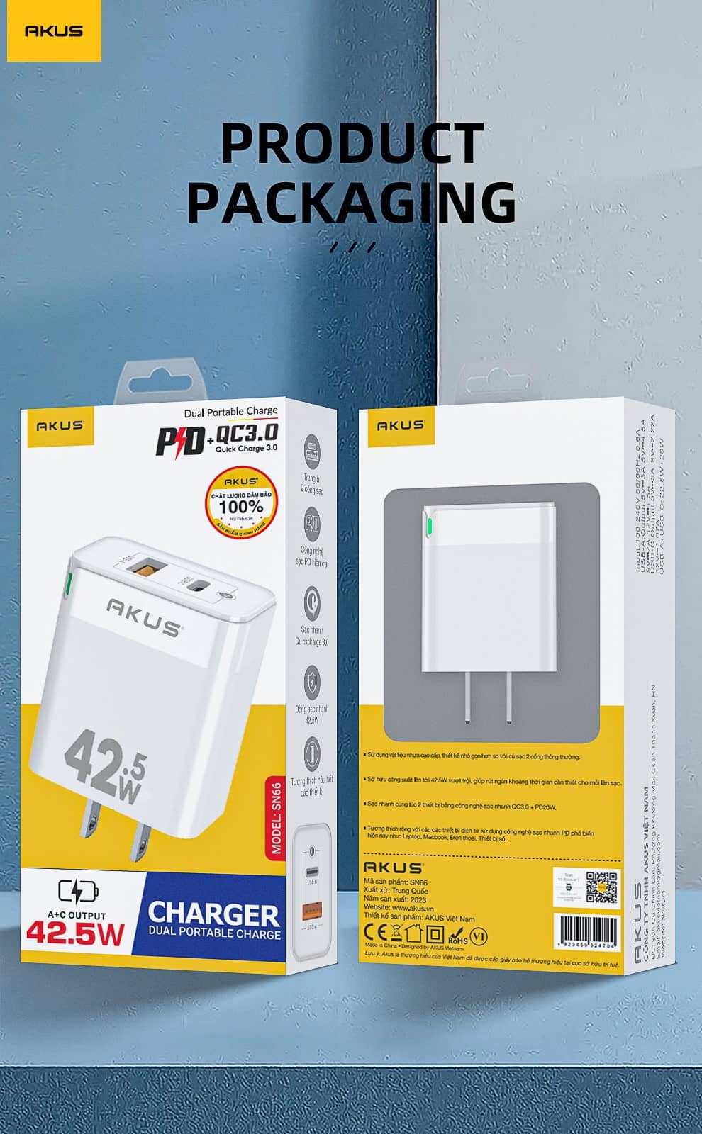 Củ sạc nhanh AKUS SN66 - PD 20W - 01 cổng USB Type A + 01 cổng Type C - Màu đen