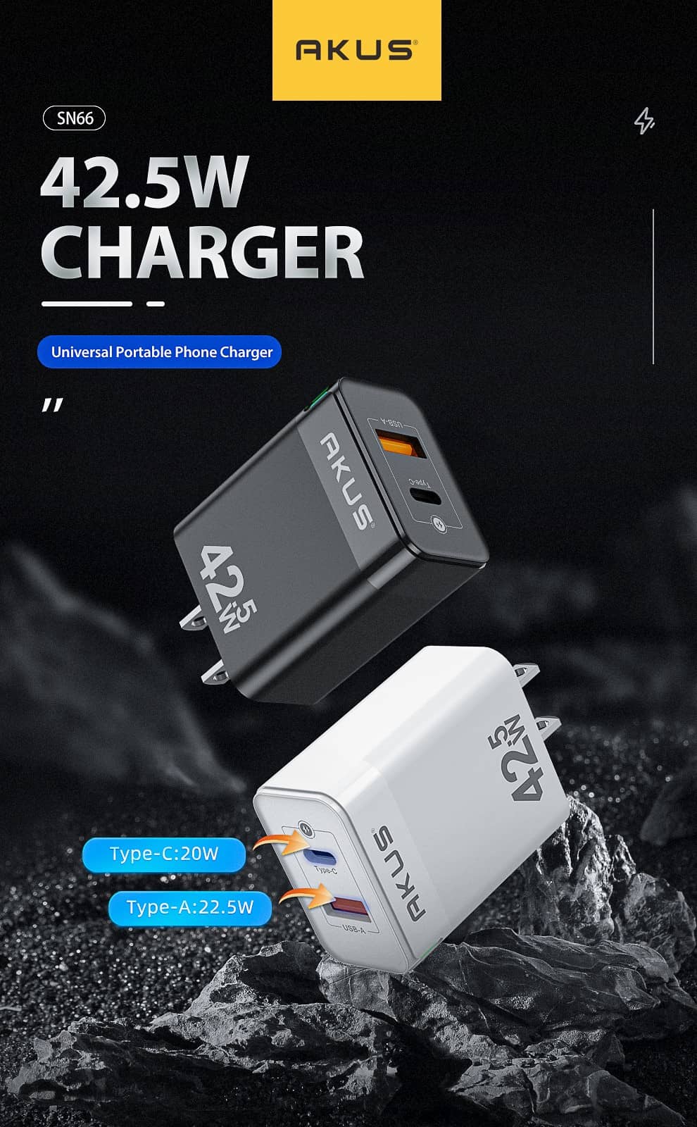 Củ sạc nhanh AKUS SN66 - PD 20W - 01 cổng USB Type A + 01 cổng Type C - Màu đen