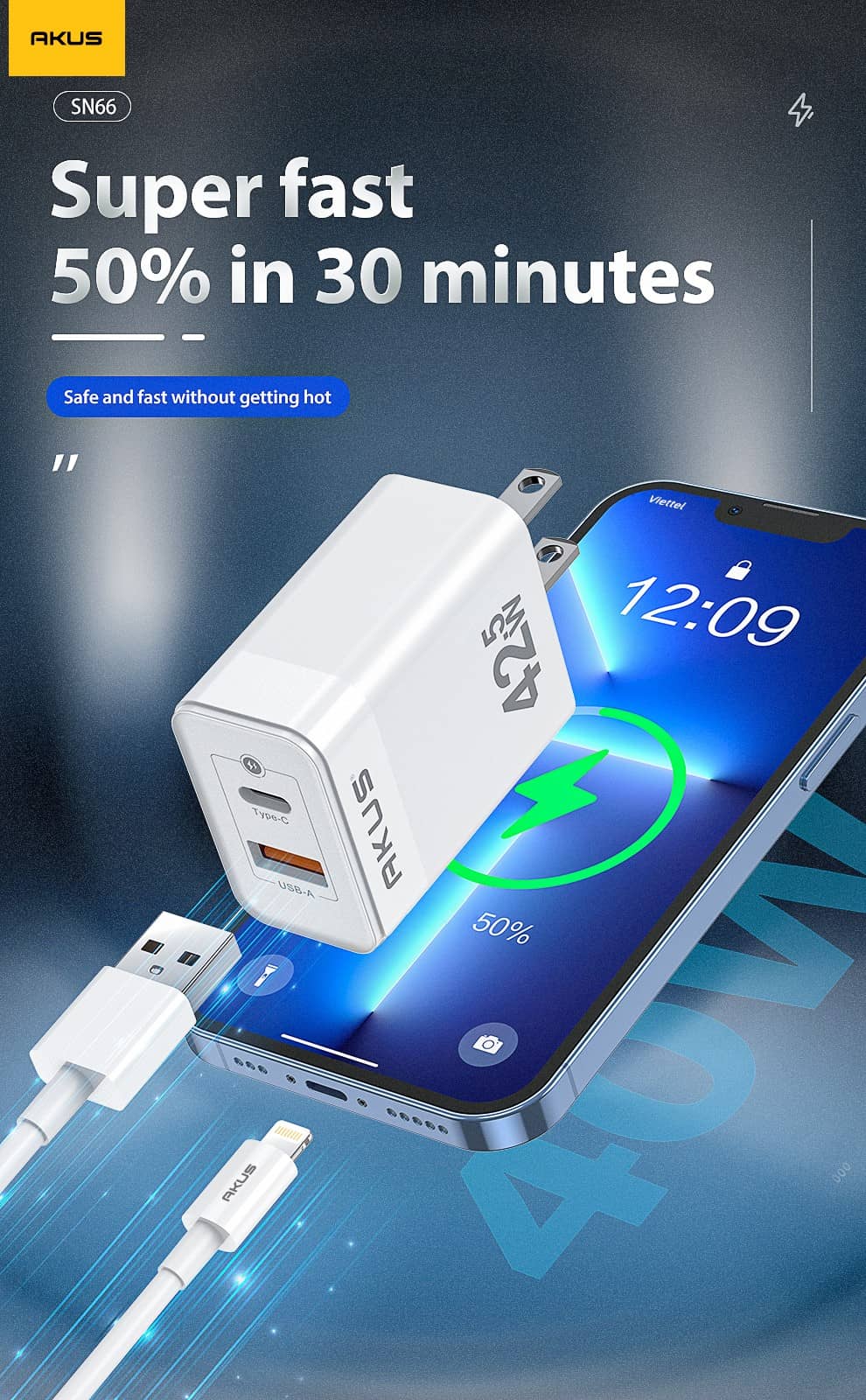 Củ sạc nhanh AKUS SN66 - PD 20W - 01 cổng USB Type A + 01 cổng Type C - Màu trắng