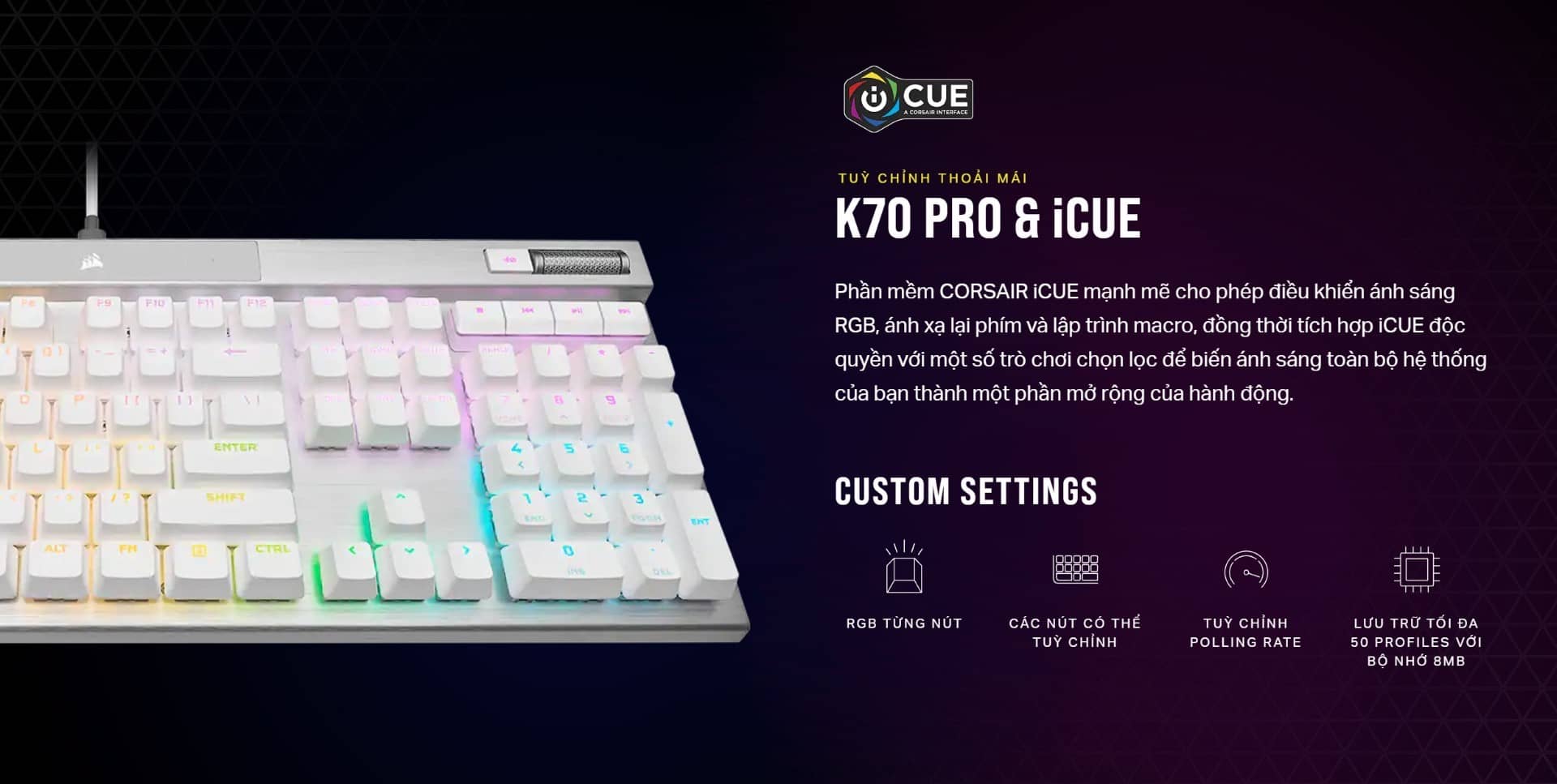 Bàn phím gaming có dây Corsair K70 PRO-BLK-OPX Silver Switch Led RGB CH-910941A-NA