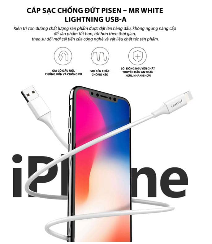 Cáp PISEN - Mr White Lightning USB-A 1m, trắng - Global