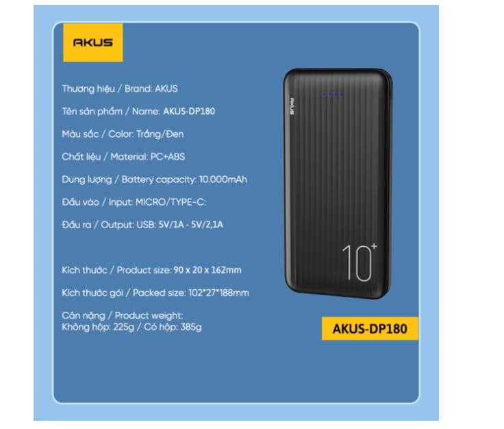 PIN SẠC DỰ PHÒNG AKUS DP180 - 10.000 MAH 2