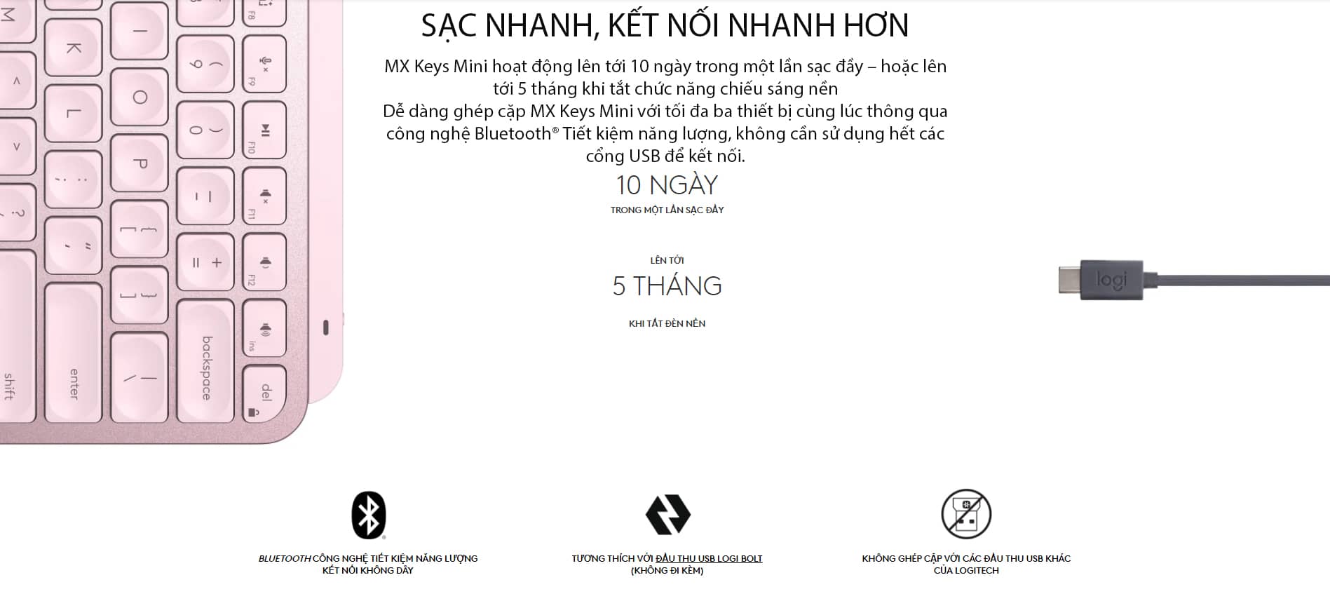 Bàn phím không dây Logitech MX Keys Mini Rose (USBC/Bluetooth/Hồng) 6