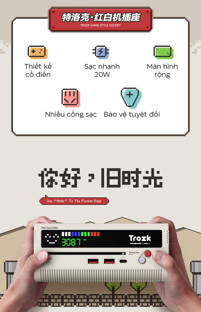Hub sạc nhanh kiêm ổ cắm điện Trozk CLASSIC Retro TC-02 - Hình dạng máy chơi game Nintendo NES cổ điển