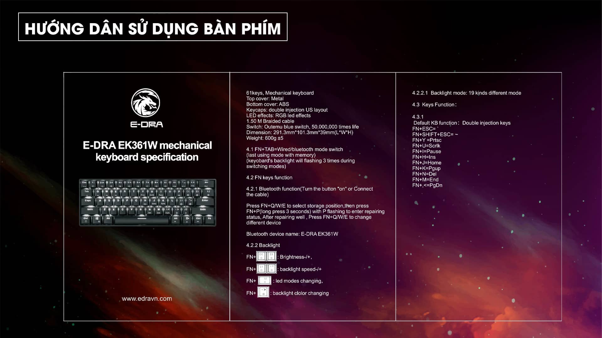 Bàn phím cơ không dây Edra EK361W V2 RGB Đen