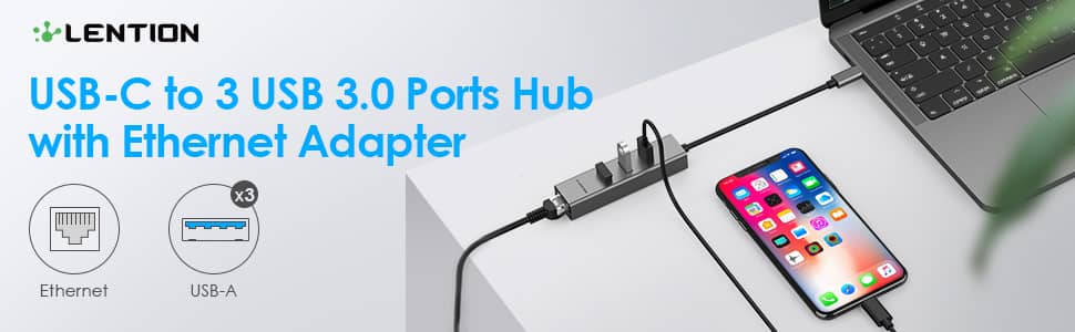 Bộ chuyển đổi Type C 4 trong 1 Lention C23s, Bạc (Type C sang 3 cổng USB 3.0 và 1 Lan giga)