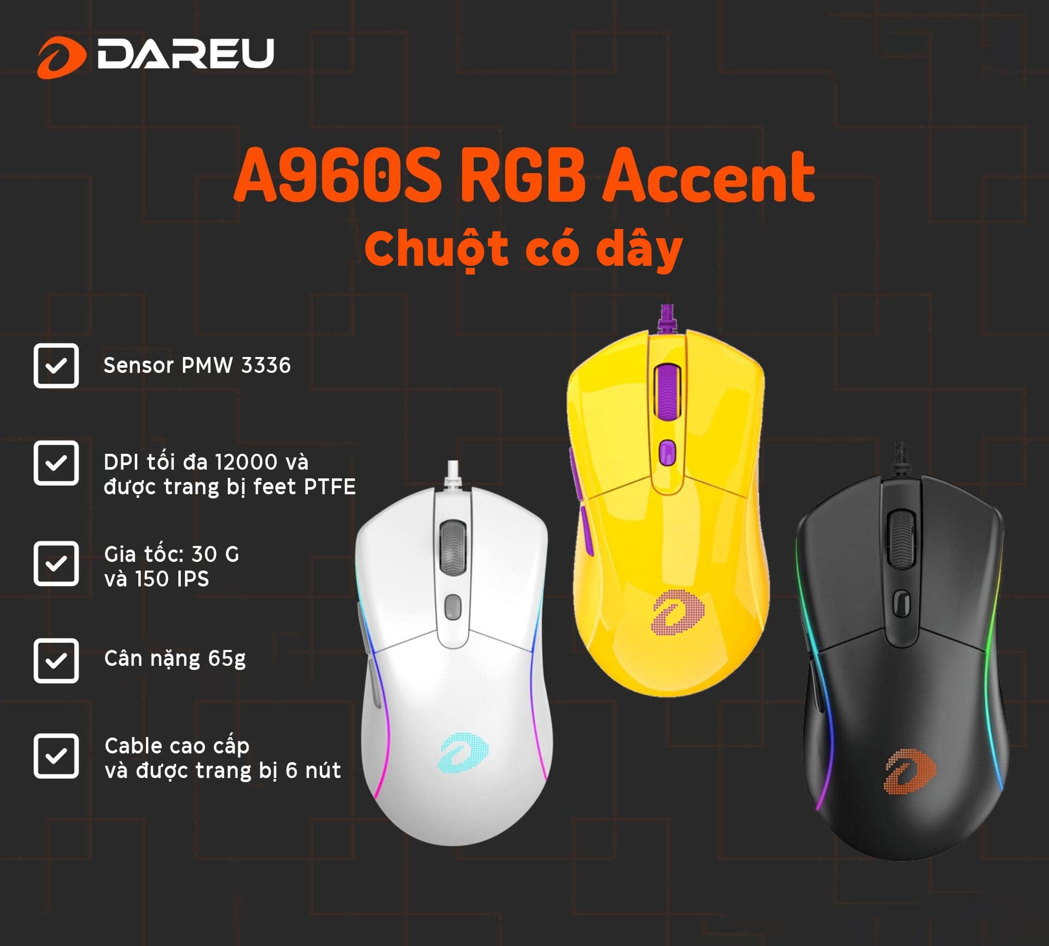 Chuột chơi game Dareu A960s _YELLOW (USB/RGB)