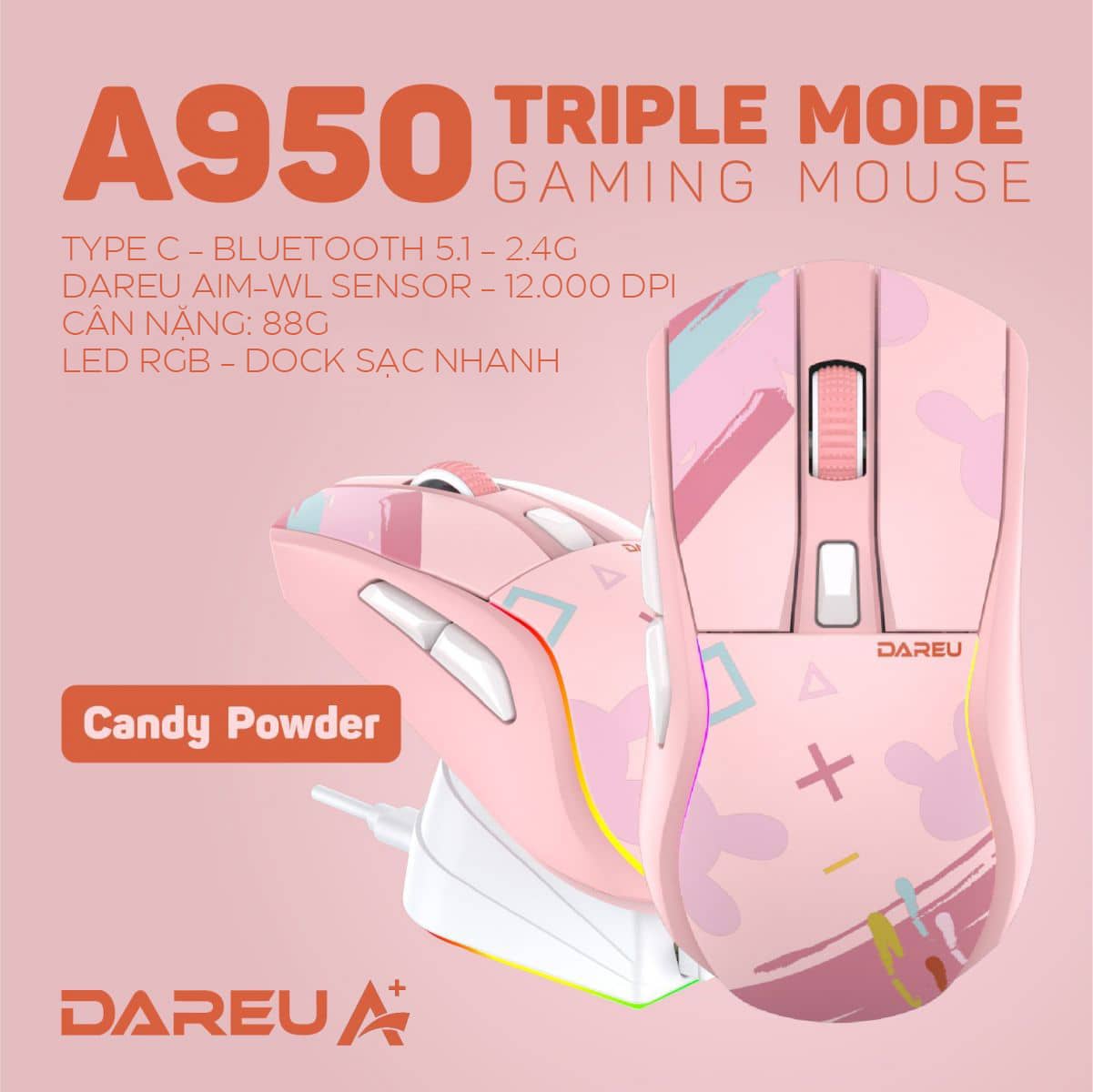 Chuột chơi game không dây Dareu A950 Candy pink _TM243F08602R