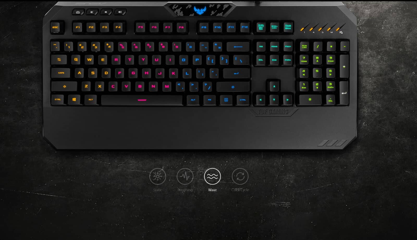 Bàn phím chơi game Asus TUF K5 (USB/RGB/Đen) trang bị led RGB với tính năng Aura sync