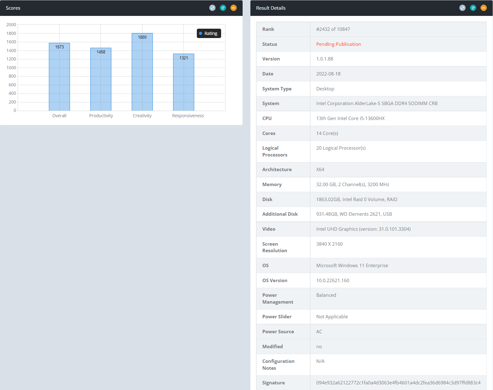 Thông tin chi tiết về Core i5-13600HX trên trang Bapco, ảnh: wccftech