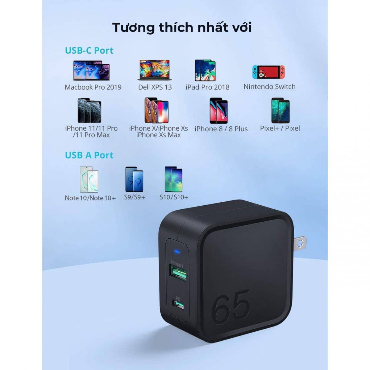 Củ sạc nhanh RavPower Pioneer RP-CPCN002 - PD 65W - 01 cổng Type C + 01 cổng USB - Màu đen