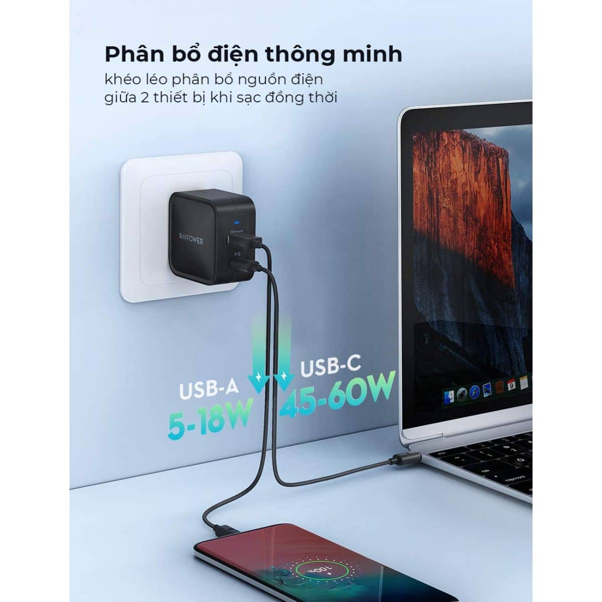 Củ sạc nhanh RavPower Pioneer RP-CPCN002 - PD 65W - 01 cổng Type C + 01 cổng USB - Màu đen