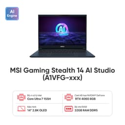 Laptop MSI Gaming Stealth 14 AI Studio A1VFG-050VN (Core Ultra 7 155H/32GB/1TB SSD/RTX4060 8GB/14 inch 2.8K OLED/Win11/Xanh) (2024)