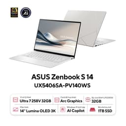 Laptop Asus ZenBook S 14 OLED UX5406SA-PV140WS (Ultra7 258V/32GB RAM/1TB SSD/14 inch 3K Oled 120Hz/Win11/Trắng)