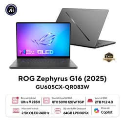 Laptop Asus Gaming ROG Zephyrus G16 GU605CX-QR083W (U9 285HX/64GB RAM/2TB SSD/16 WQXGA 240hz/RTX 5090 24GB/Win11/Xám/Chuột/Túi)
