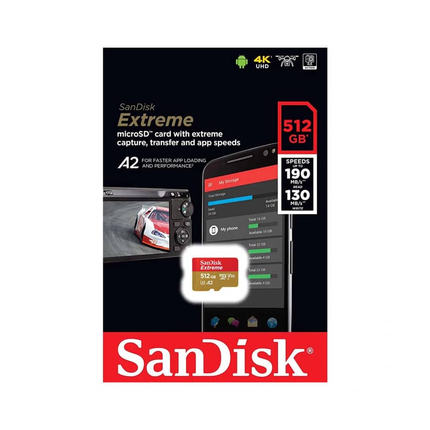 Thẻ nhớ SanDisk Extreme microSDXC, SQXAV 512GB, V30, U3, C10, A2, UHS-I, 190MB/s R, 130MB/s W, 4x6, Lifetime Limited(SDSQXAV-512G-GN6MN)