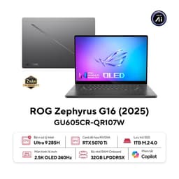 Laptop Asus Gaming ROG Zephyrus GU605CR-QR107W (U9 258H/32GB RAM/1TB SSD/16 WQXGA 240Hz/RTX5070Ti 12GB/Win11/Xám/Sạc/Túi)