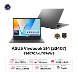 Laptop Asus VivoBook S3407CA-LY096WS (U7 255H/16GB RAM/512GB SSD/14 WUXGA/Win11/&Office/Xám)