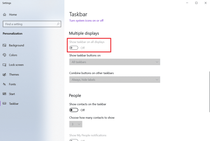 Chuyển đổi Show taskbar on all displays PC 3 màn hình