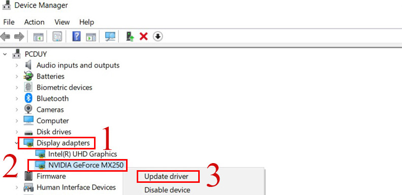 Cập nhật lại driver card trước khi Reset VGA card cách 1