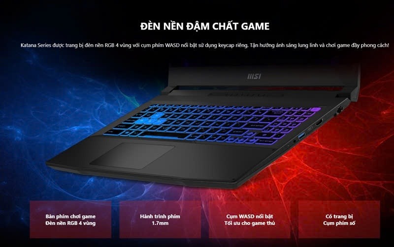 Laptop MSI Katana 15 B13UDXK-2270VN (i5-13500H/8G/1TB SSD/15.6FHD@144Hz/WL/BT/3C/6G_RTX 3050/ALUp/W11SL/RGB_KB/ĐEN/2Y+Balo) 