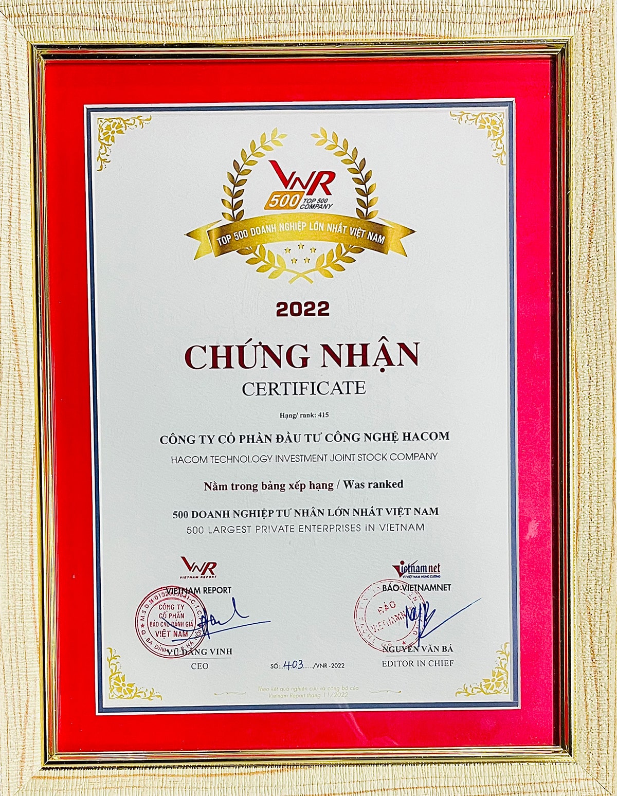 chứng nhận top 500 thương hiệu lớn nhất Việt Nam của công ty HACOM