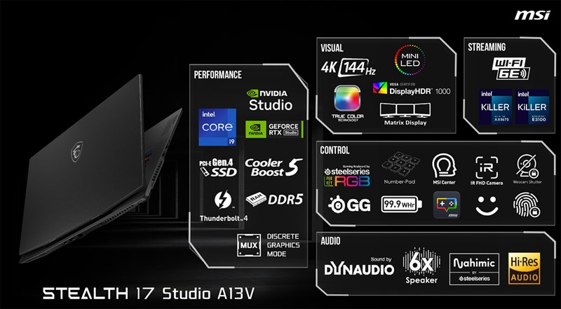 Mẫu MSI Stealth 17 Studio có màn hình UHD 4K 17.3 inch với độ phân giải 3.840 x 2.160 pixel, tần số quét 144 Hz.